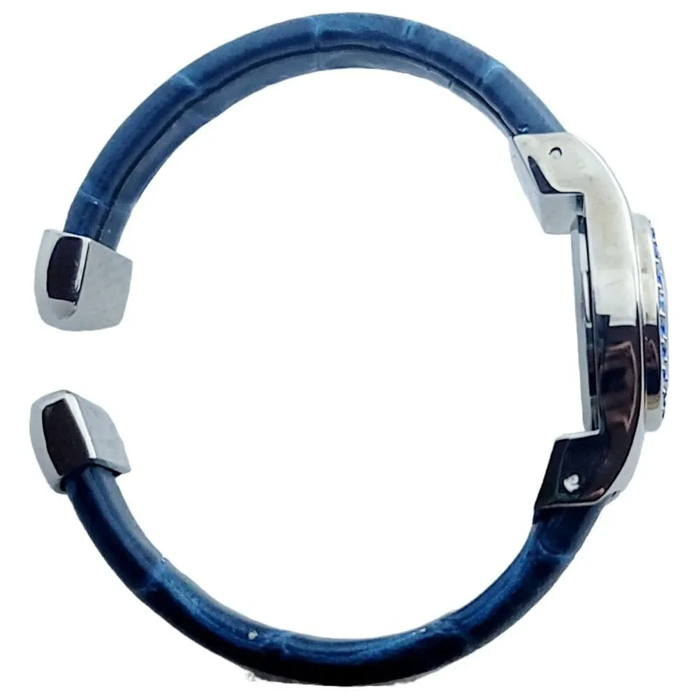 Miyota Quartz Women Watch Cobalt Blue Rhinestone Crystal Face Silver Cuff‎ Band